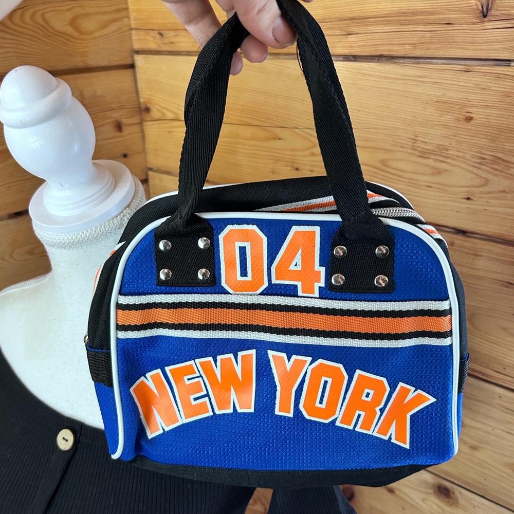 Vibrant New York 04 Crossbody Bag Blue Orange Canvas Black Missing Strap‎ Small